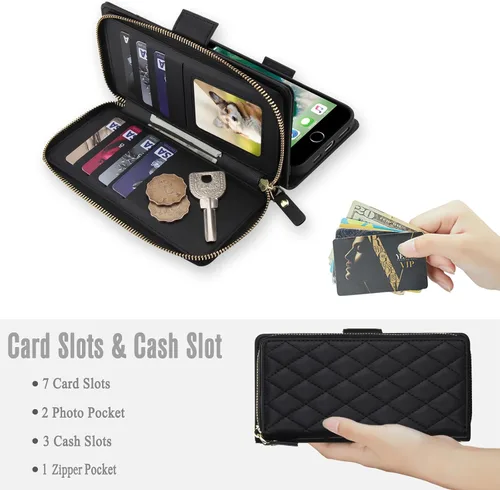 Vista 5 de Asuwish Funda compatible con iPhone 6/6s/7/8/SE 2020 2022 con cremallera y bloqueo RFID, protector de pantalla, correa cruzada i6 i7 i8 7s 8s SE2020