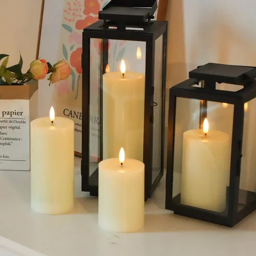 Vista 9 de Lezonic Velas LED de color marfil sin llama con temporizador remoto, paquete de 4 velas parpadeantes, diseño de grasa, pilar de cera real