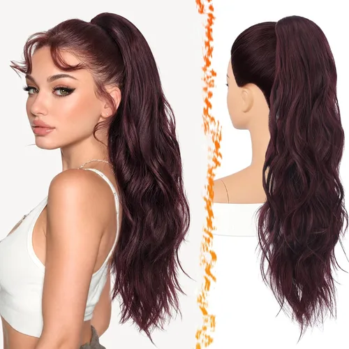 Vista 14 de BARSDAR 25 Inch Synthetic Dual Claw Clip Auburn Brown Loose Wavy Ponytail