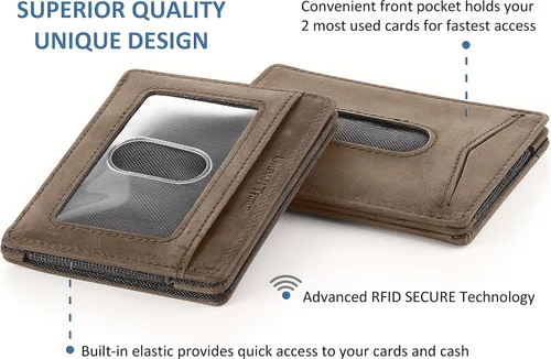 Vista 2 de Cartera compacta de manga RFID de cuero minimalista con clip de dinero 10 tarjetas