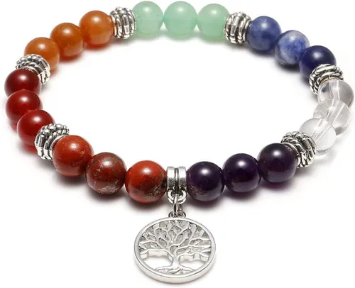 Vista 5 de Jovivi Juego de collar y aretes y pulseras de chakras con cristales curativos de árbol de la vida de 7 chakras, regalos del día de la madre, Piedra