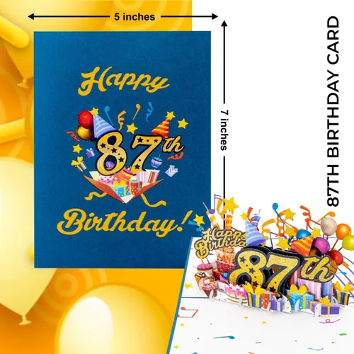 Vista 7 de iGifts And Cards Tarjeta desplegable 3D de feliz cumpleaños 87 – Diseño azul con números de purpurina, globos, pasteles y regalos – Tarjeta