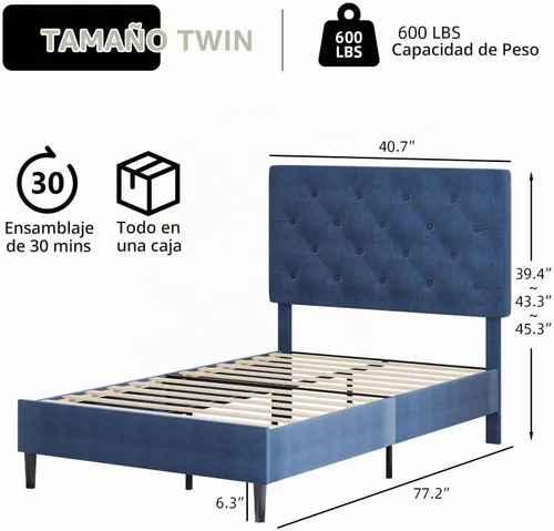 Vista 2 de BarnFurin Marcos de cama individual con cabecera capitoné con botones, cama de plataforma tapizada de lino con soporte de listones de madera, fácil