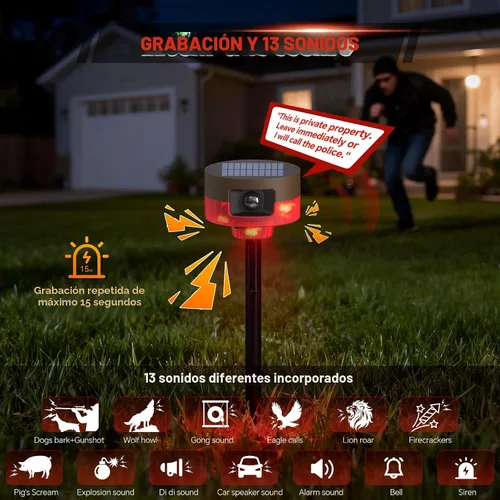 Vista 5 de Alarma solar con sensor de movimiento para exteriores, ladridos de perro o sonido de disparo
