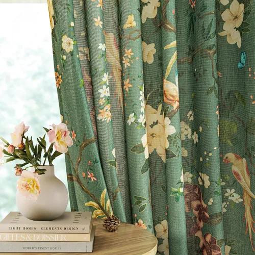 Vista 36 de Cortinas de lino de pájaro floral azul 2 paneles de 72 pulgadas de largo Aqua Blue