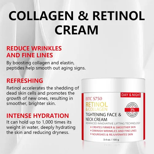 Vista 3 de Crema de retinol para cara, crema de cuello antienvejecimiento para tensar y reafirmar con colágeno y ácido hialurónico, crema hidratante facial