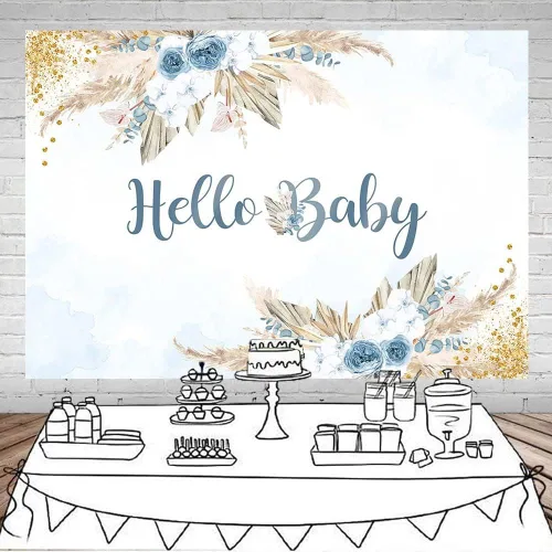 Vista 2 de Mocsicka Telón de fondo bohemio para baby shower para niños, tema de Hello Baby Boho Chic Flores Azules, Fondo de fotografía Bohemio Baby Shower