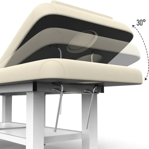 Vista 4 de Mesa de masaje estacionaria ancha y gris beige con respaldo para mesa de tratamiento, mesa de terapia física, cama facial de spa, marco de metal