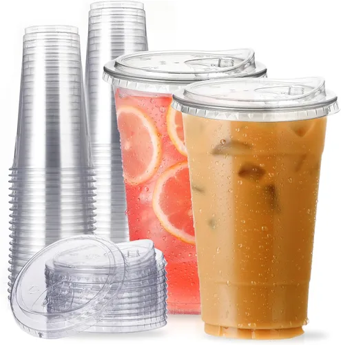 Vista 10 de Vasos de plástico transparente de 12 oz con tapas sin pajita, 25 juegos de vasos desechables de plástico para café helado, vasos para llevar