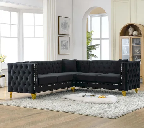 Vista 4 de Antetek Sofás en forma de L para sala de estar, moderno sofá de terciopelo con botones y reposabrazos cuadrados incrustados con cabezas de uñas Negro