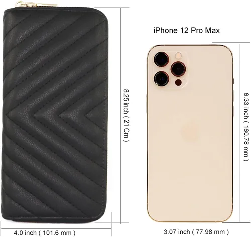 Vista 5 de Cartera de piel vegana con doble cremallera y correa de sujeción de mano, Chevron Bordado Negro