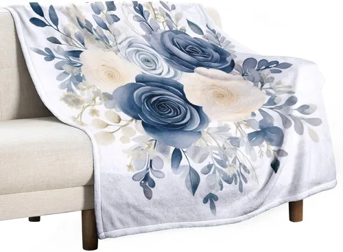 Vista 45 de Manta de flores de acuarela azul marino, bohemias, manta de acuarela floral con coronas de rosas y hojas de peonías, lujosa, cálida y acogedora