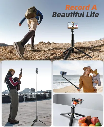 Vista 7 de Vimose Trípode para teléfono y selfie stick con control remoto, portátil, ligero para grabación de video y vlog, trípode extensible para viajes Negro