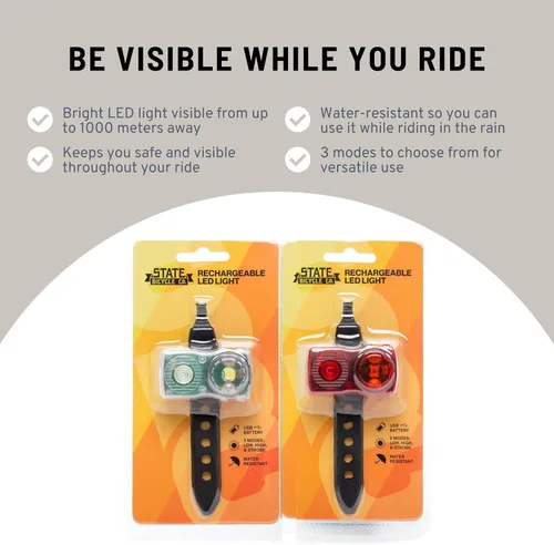 Vista 3 de State Bicycle Co. Luz de bicicleta. Luces LED. Luces de bicicletas para montar de noche, ciclismo. Recargable por USB, juego de luces delanteras