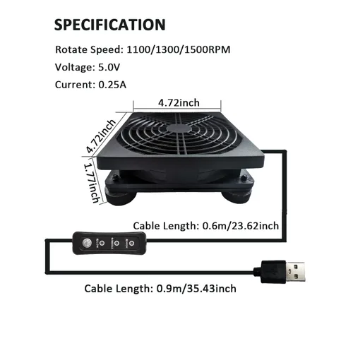 Vista 4 de Ventilador de enrutador de PC alimentado por USB de 4.724 in y 5 V con controlador de velocidad, ventilador de enfriamiento de alto flujo de aire