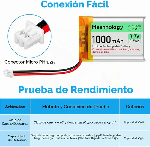 Vista 3 de Batería Lipo de 3.7V 1000mAh 803040 Batería recargable de polímero de litio con cable de cargador USB, conector micro Ph1.25, circuito de protección