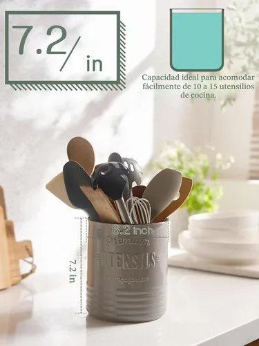 Vista 5 de DOWAN Soporte para Utensilios de Cocina Extra Grande de 7.2″ - Soporte para Utensilios Estilo Granja para Encimera - Recipiente de Cerámica para Gris