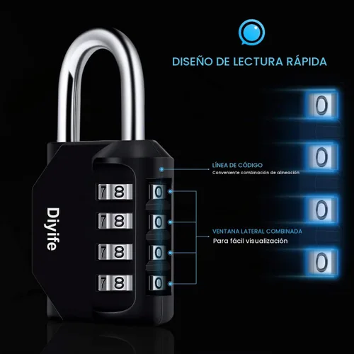 Vista 2 de Candado de combinación con cuatro dígitos, Diyife, candado para casillero resistente a la intemperie, candado de combinación para exterior