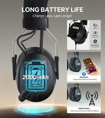 Vista 6 de Bluetooth 5.4 AM/FM Radio Hearing Protection Earmuff, 25dB NRR Rechargeable for Mowing, Construction, Chainsaw