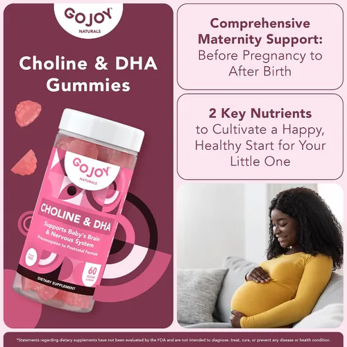 Vista 5 de GOJOY NATURALS Gomitas de colina prenatal y DHA - Suplemento vitamínico en gomitas desde la preconcepción hasta el posnatal para mujeres embarazadas