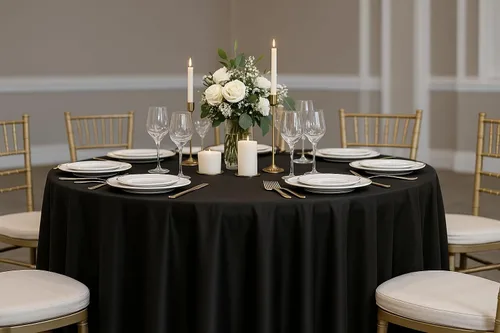 Vista 2 de Your Chair Covers - Mantel redondo L'Amour de 120 pulgadas - Mantel de boda prémium para mesas redondas de banquete de 5 pies - Negro
