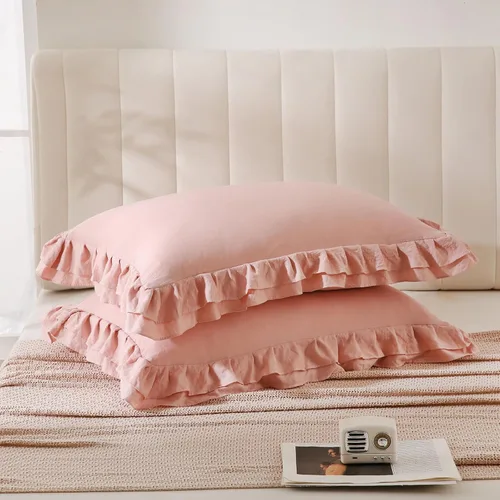 Vista 13 de Bedbay Juego de 2 fundas de almohada beige tamaño Queen, fundas de almohada con volantes, fundas de almohada Shabby Chic tamaño estándar, fundas