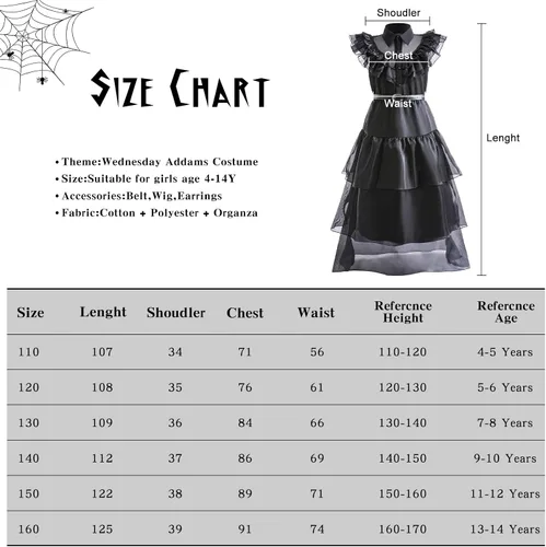 Vista 5 de LZH Wednesday Addams Costume Dress For Girls Kids Cosplay Addams Dress Up Halloween Costume With Wigs Belt Earrings