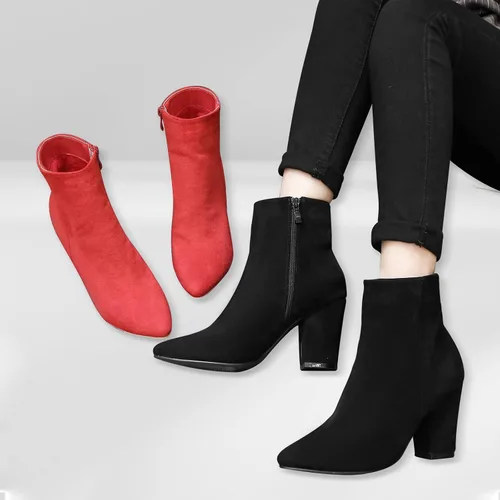 Vista 4 de Jiu du Botines de tacón alto para mujer, con puntera puntiaguda, con cremallera lateral, tacones altos, botas cortas