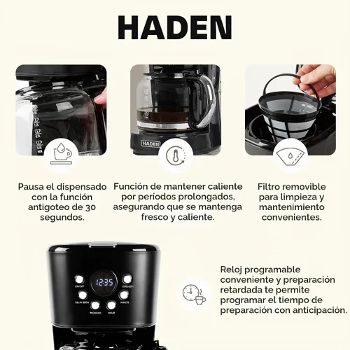 Vista 3 de Máquina de Café Haden, Cafetera de Goteo Programable de 12 Tazas con Función de Apagado Automático y Filtro de Agua Reutilizable Lavable, Negro