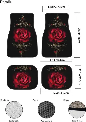 Vista 2 de Juego de 4 alfombrillas decorativas para automóvil, diseño floral de rosas rojas, diseño de flores y diseño de flores, alfombras decorativas