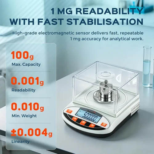 Vista 2 de Báscula de laboratorio Bonvoisin 3.53 oz x 0.00004 oz Balanza analítica digital de gramos Precision Scale with %, 13 Units, GN to 0.00, Tare