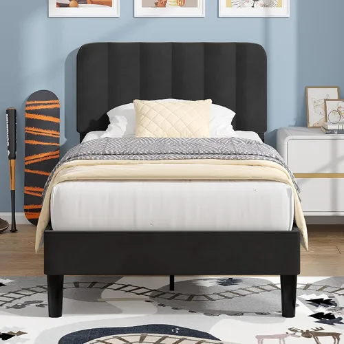 Vista 33 de VECELO Base de cama tapizada de tamaño matrimonial con 4 cajones y cabecero, plataforma de terciopelo, soporte de listones de madera, no necesita