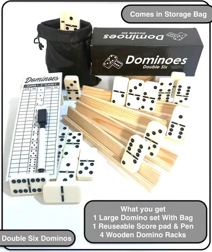Vista 2 de Dominoes Double 6, juego de dominó, tamaño para torneos, con remaches giratorios, con caja de madera