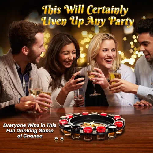 Vista 7 de Juego de Beber de Ruleta de Vidrio - Estilo Casino Con 2 Bolas y 16 Vasos
