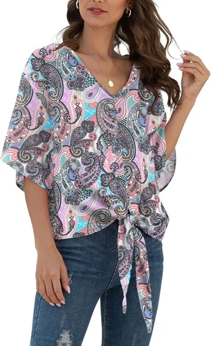 Vista 25 de VIISHOW Womens Tie Front Chiffon Blouses V Neck Batwing Short Sleeve Summer Tops Shirts Albaricoque