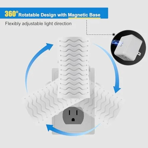 Vista 2 de Luz nocturna LED enchufable, luces nocturnas modernas giratorias de 360° enchufables a la pared, palanca de 3000 K/5000 K, sensor de atardecer a