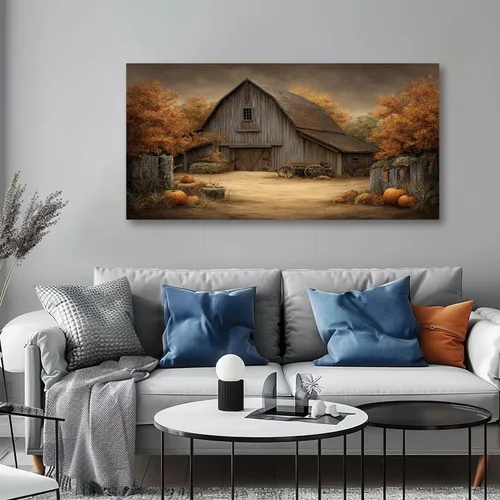 Vista 4 de Lienzo decorativo de 30 x 60 pulgadas, diseño de calabaza de otoño, decoración de baño, granero antiguo, otoño, cuadros enmarcados, pintura impresa