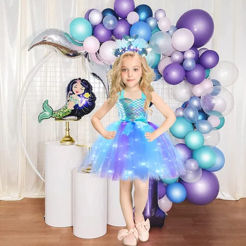 Vista 7 de Girls Mermaid Tutu Dress for Birthday Party, LED Light Up Halloween Mermaid Outfit Dress Up Dress with Headband