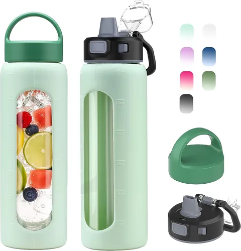 Vista 9 de Kodrine - Botella de agua de vidrio de 20 onzas con popote y 2 tapas para fácil transporte, con asa, funda de silicona y marcador de tiempo, botella