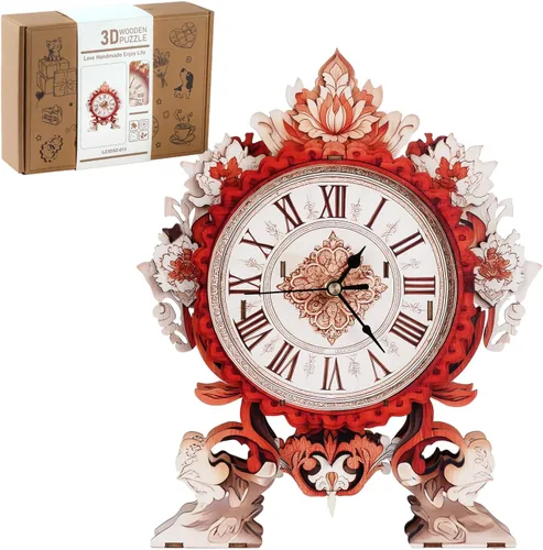 Vista 12 de Rompecabezas de madera 3D para adultos, rompecabezas 3D reloj bulldog (con péndulo) 32 piezas, rompecabezas de madera para principiantes