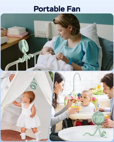 Vista 6 de AMACOOL Ventilador para cochecito de bebé, 5000 mAh, recargable Verde