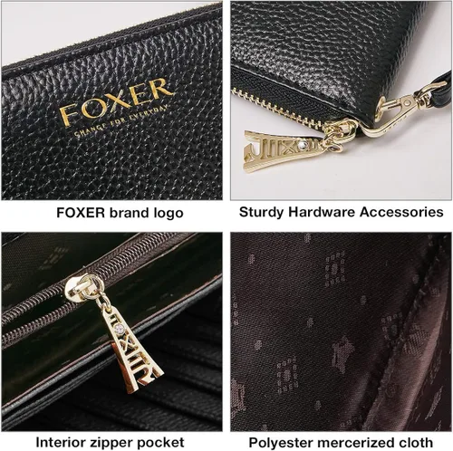 Vista 5 de FOXLOVER Carteras de cuero genuino para mujer carteras de embrague con cremallera RFID con pulsera
