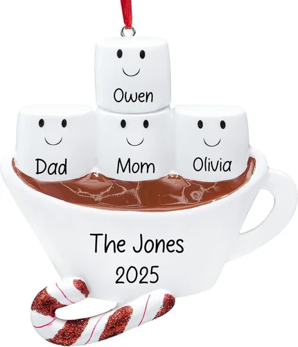 Vista 13 de Adorno de Navidad personalizado de familia de 3 de chocolate caliente 2026 Malvaviscos personalizados en taza de cacao con bastón de caramelo