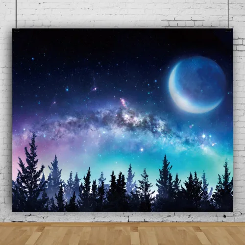 Vista 8 de Telón de fondo de cielo nocturno estrellado para fotografía, 10 x 8 pies, vista nocturna del bosque, telón de fondo para fotos, universo galaxia
