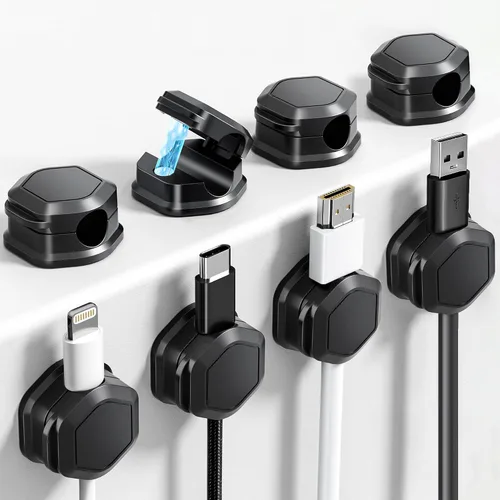 Vista 8 de 6 Pack de clips magnéticos para cables [Cable liso ajustable] Organizador de cables - Cuworlis soporte adhesivo para cables, soporte para cables