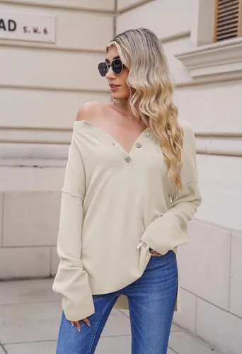 Vista 5 de Pink Queen Suéter de punto con cuello en V para mujer, de gran tamaño, manga larga tipo murciélago, estilo Henley