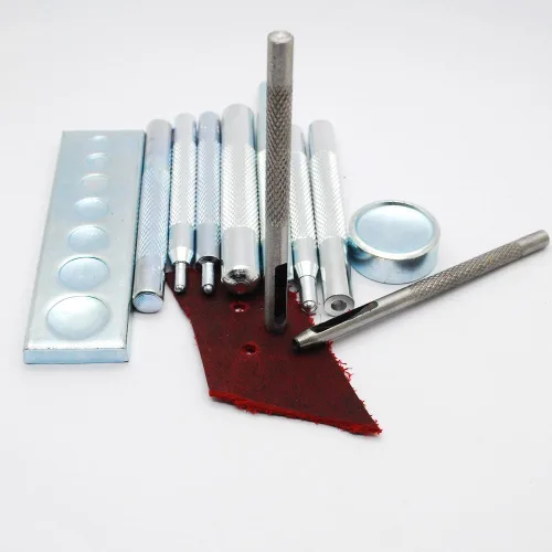 Vista 5 de DIY Leather Craft 11pcs Herramienta de artesanía Troquel Punch Snap Kit remache Setter con base para perforar e instalar botón de remache