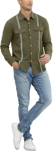 Vista 3 de YawYews Mens Guayabera Shirts Cuban Mexican Style Linen Beach Button Down Shirts with Pocket