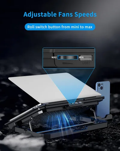 Vista 10 de AICHESON Almohadilla de enfriamiento para laptop de 12 a 15.6 pulgadas, 6 ventiladores más fríos con luces azules, soporte de enfriamiento