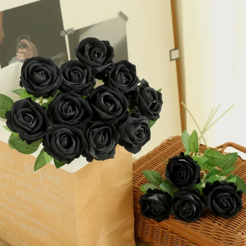 Vista 2 de 12 rosas artificiales de terciopelo sintético para decoración del hogar y boda (rosa perla, negro)